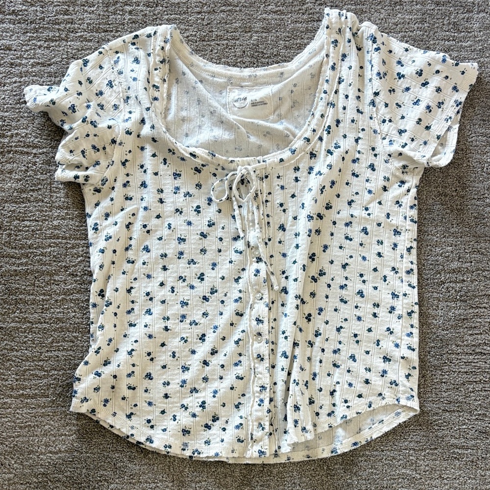 Aerie White Floral Tie-Front Top